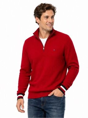 Tommy Hilfiger‎ size Medium M red classic Henley quarter zip sweater